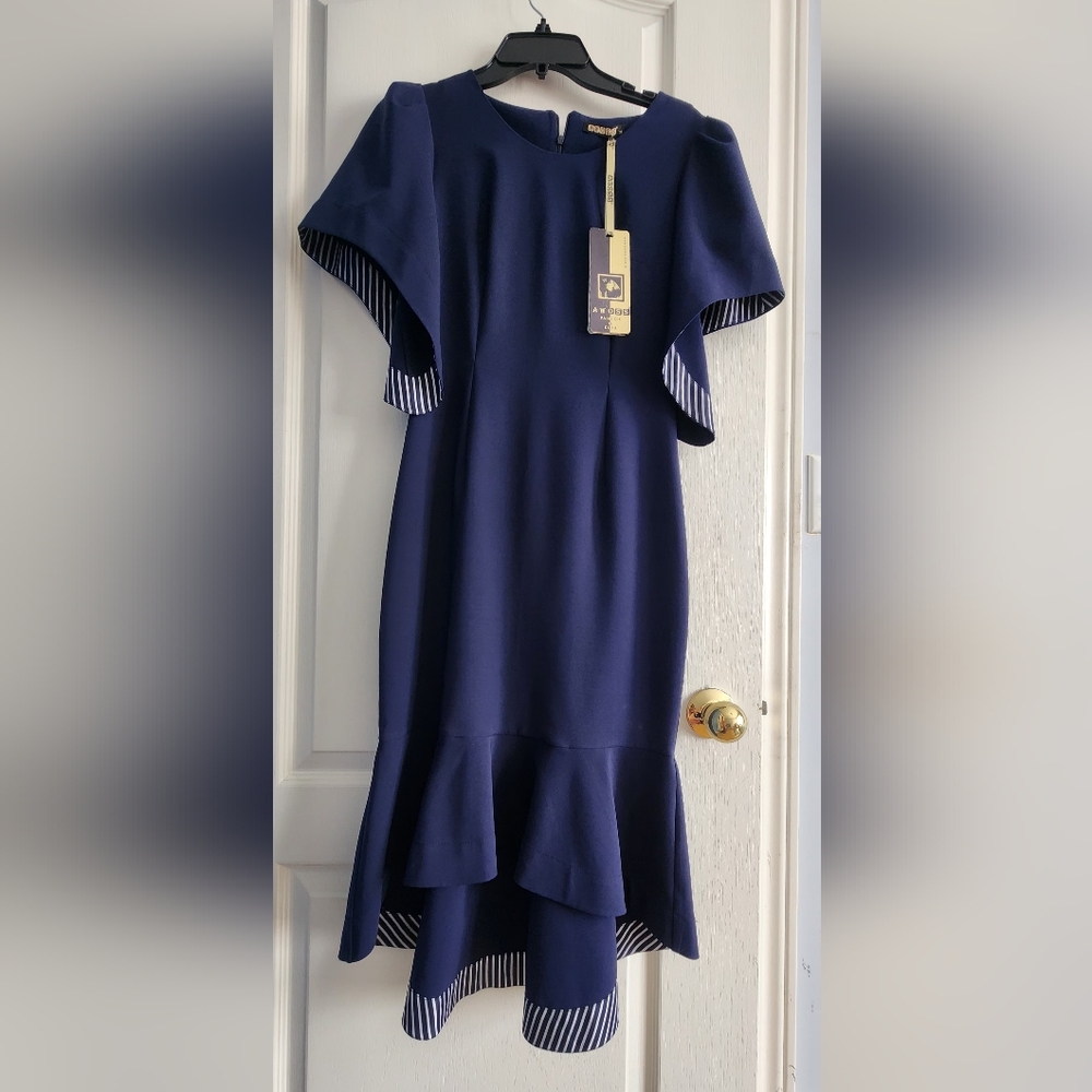 Elegant Navy Blue Ruffle Hem Women's Dress NWOT